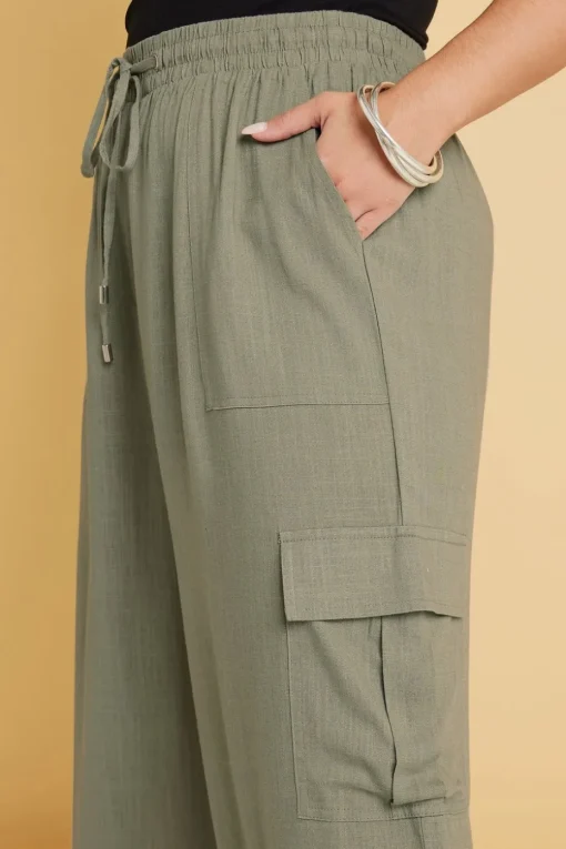 Yours Curve Khaki Green Linen Cargo Trousers