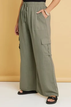 Yours Curve Khaki Green Linen Cargo Trousers