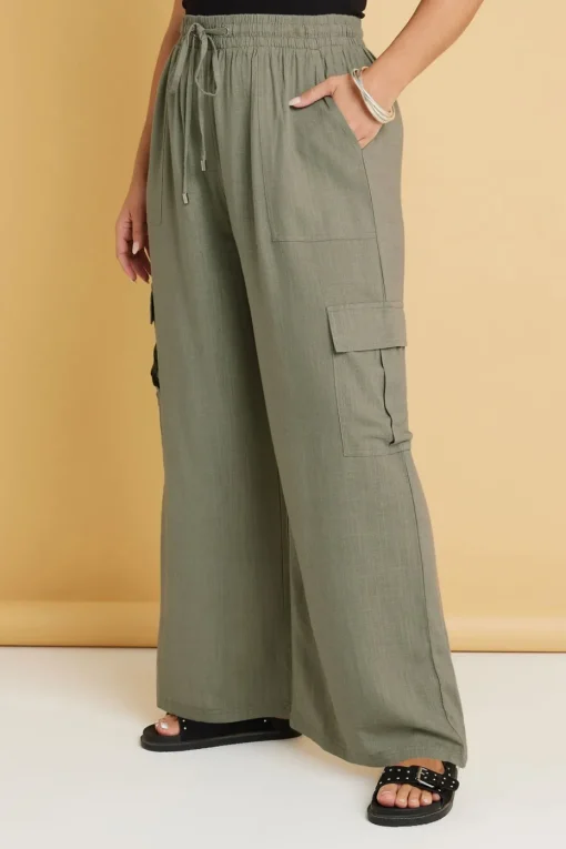 Yours Curve Khaki Green Linen Cargo Trousers