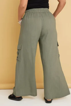 Yours Curve Khaki Green Linen Cargo Trousers