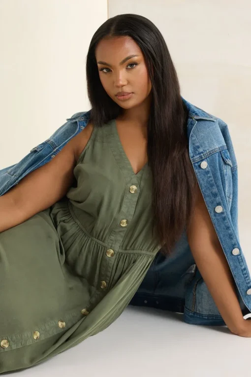 Yours Curve Khaki Green Sleeveless Button Through Chambray Dress