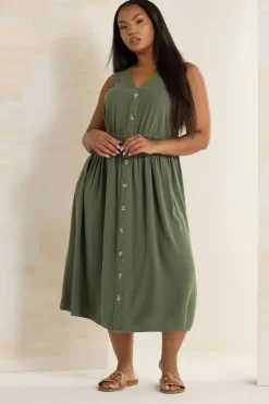 Yours Curve Khaki Green Sleeveless Button Through Chambray Dress
