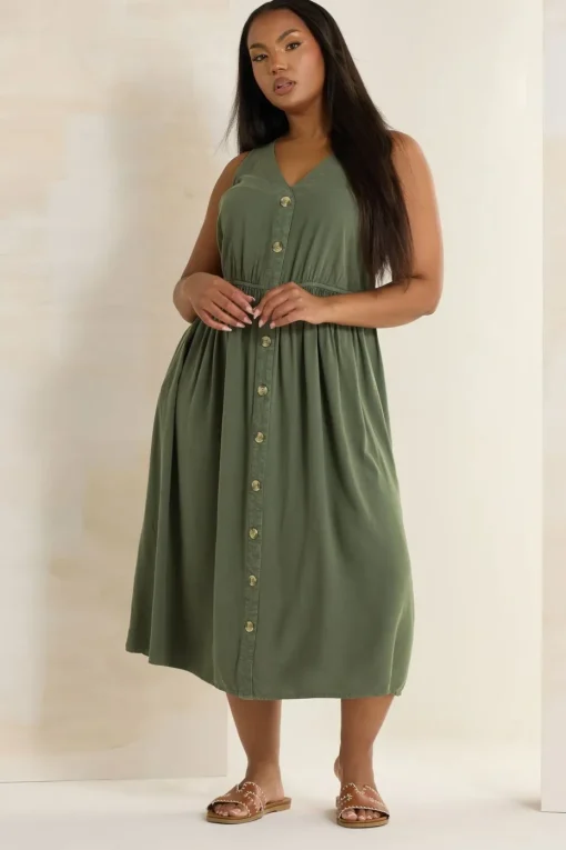 Yours Curve Khaki Green Sleeveless Button Through Chambray Dress