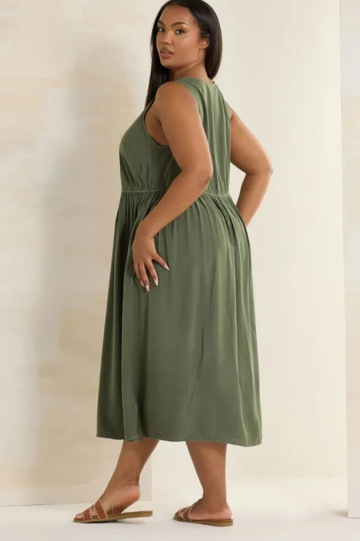 Yours Curve Khaki Green Sleeveless Button Through Chambray Dress