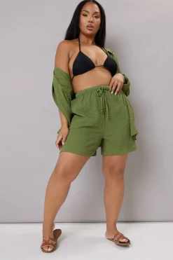Yours Curve Khaki Green Textured Pull On Shorts