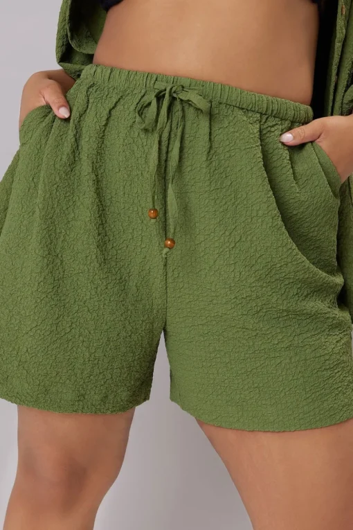Yours Curve Khaki Green Textured Pull On Shorts