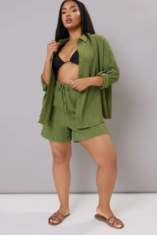 Yours Curve Khaki Green Textured Long Sleeve Shirt