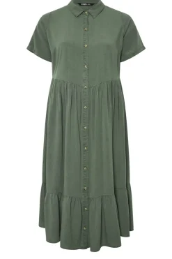 Yours Curve Khaki Green Tiered Maxi Chambray Shirt Dress