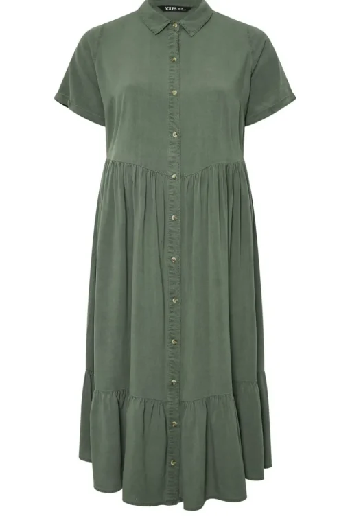 Yours Curve Khaki Green Tiered Maxi Chambray Shirt Dress