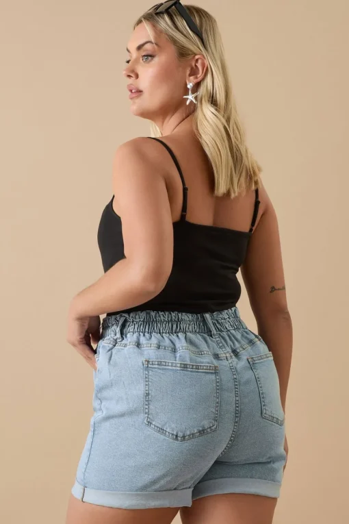 Yours Curve Light Blue Elasticated Waist Turn Up Denim Shorts