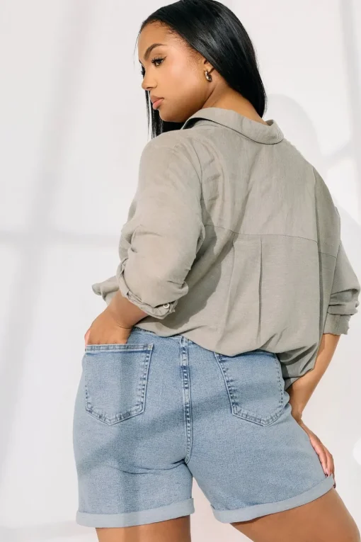 Yours Curve Light Blue Turn Up Stretch Denim Mom Shorts