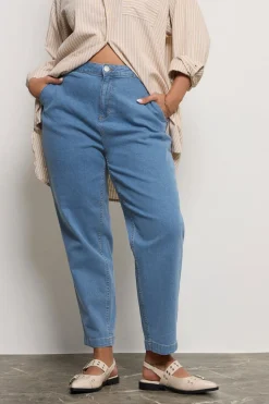 Yours Curve Mid Blue Stretch Denim Barrel Jeans