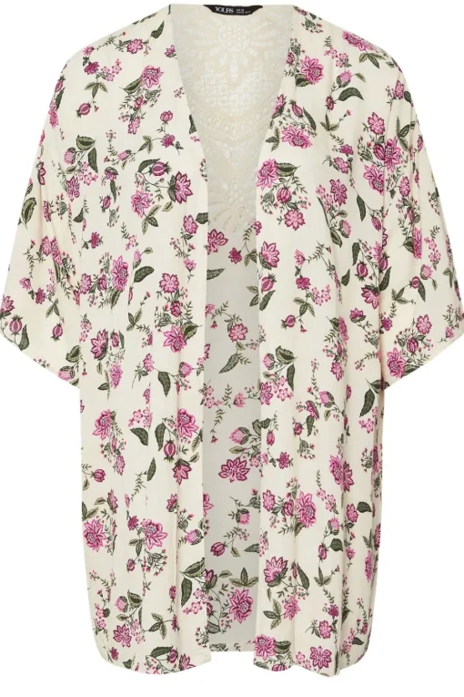 Yours Curve Natural Brown Floral Crochet Detail Kimono