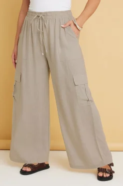 Yours Curve Natural Brown Linen Cargo Trousers
