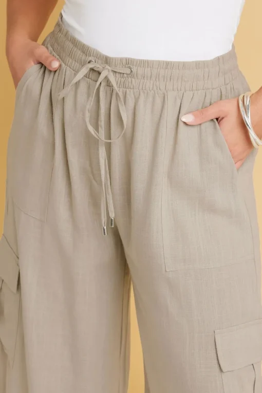 Yours Curve Natural Brown Linen Cargo Trousers