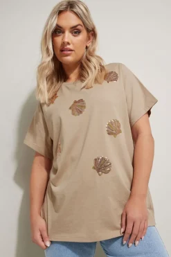 Yours Curve Natural Brown Sequin Embellished Shell T-Shirt