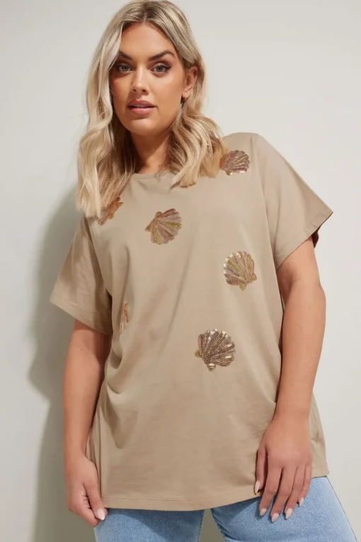 Yours Curve Natural Brown Sequin Embellished Shell T-Shirt