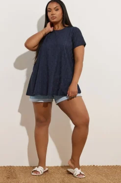 Yours Curve Navy Blue Broderie Anglaise Textured Swing Top