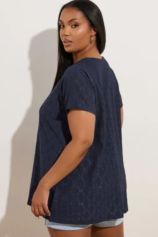 Yours Curve Navy Blue Broderie Anglaise Textured Swing Top