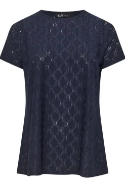 Yours Curve Navy Blue Broderie Anglaise Textured Swing Top