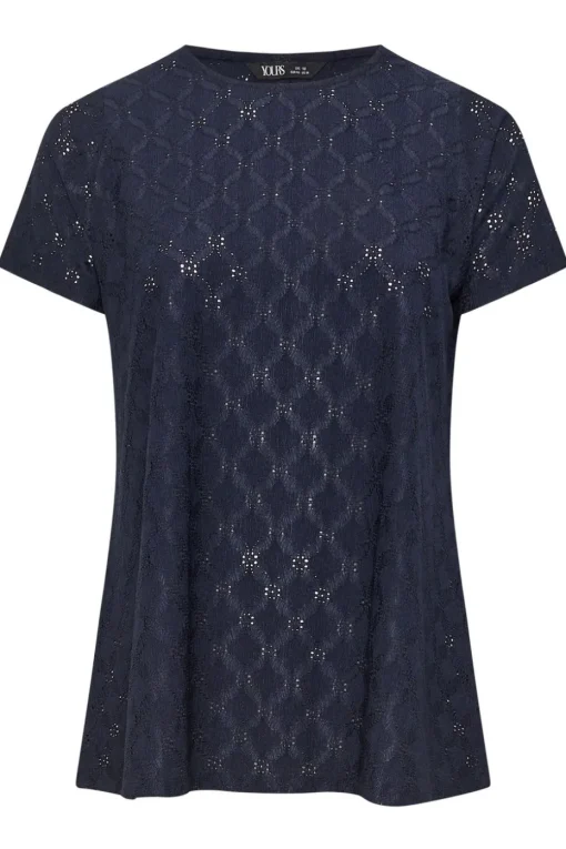 Yours Curve Navy Blue Broderie Anglaise Textured Swing Top