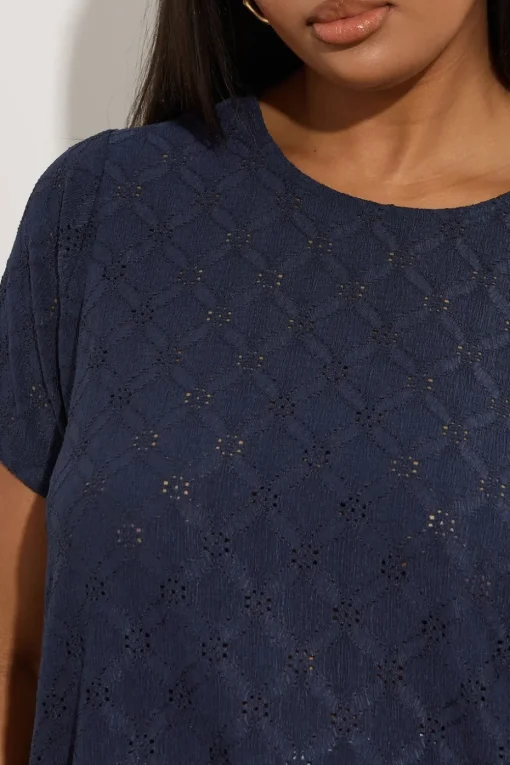 Yours Curve Navy Blue Broderie Anglaise Textured Swing Top