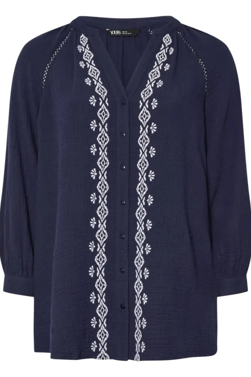 Yours Curve Navy Blue Embroidered Cheesecloth Shirt