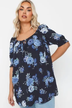Yours Curve Navy Blue Floral Tie Neck Top