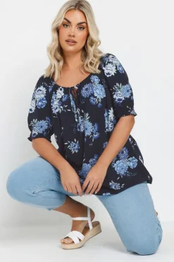 Yours Curve Navy Blue Floral Tie Neck Top