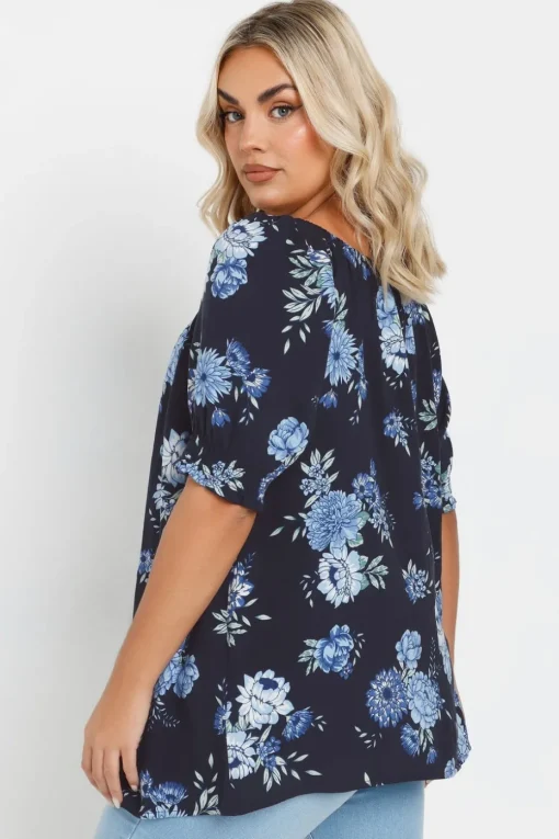Yours Curve Navy Blue Floral Tie Neck Top