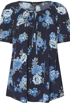 Yours Curve Navy Blue Floral Tie Neck Top