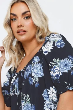 Yours Curve Navy Blue Floral Tie Neck Top