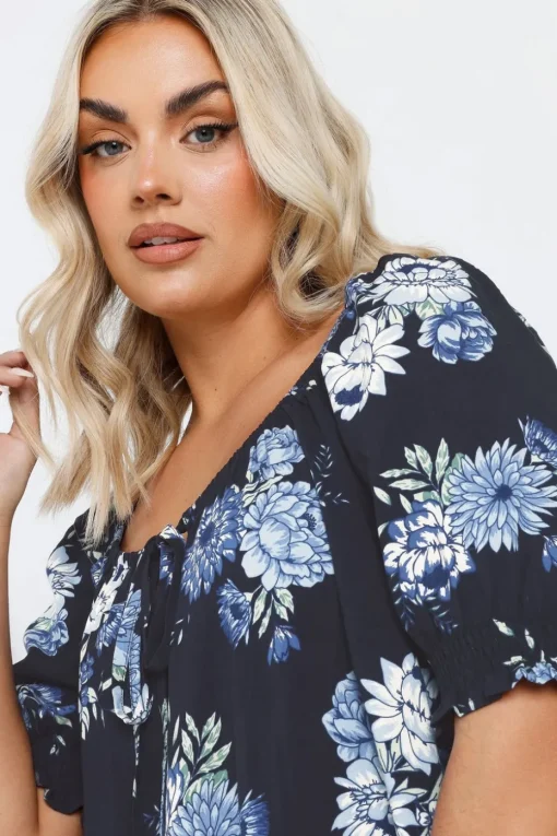 Yours Curve Navy Blue Floral Tie Neck Top