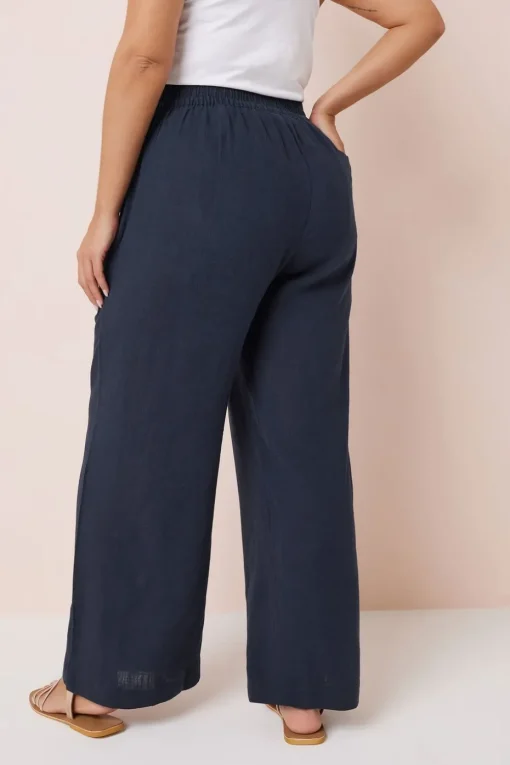 Yours Curve Navy Blue Linen Wide Leg Trousers