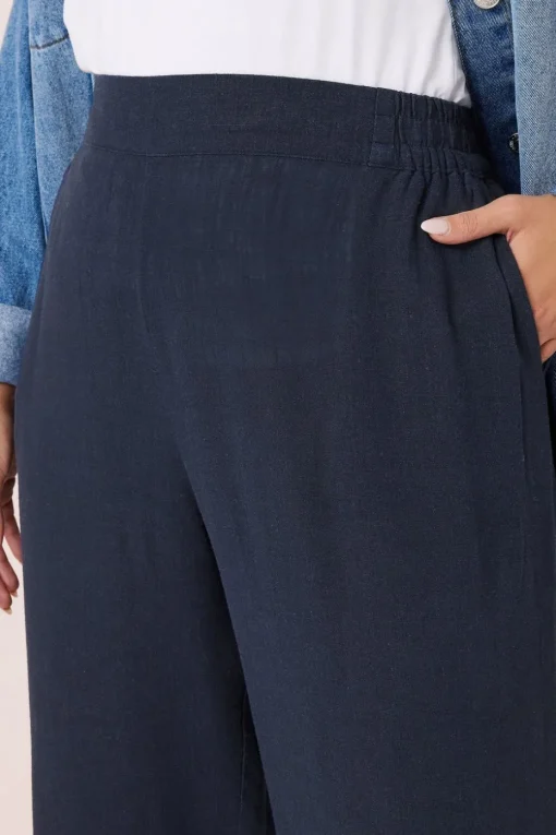 Yours Curve Navy Blue Linen Wide Leg Trousers