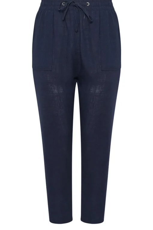 Yours Curve Navy Blue Linen Tie Front Joggers