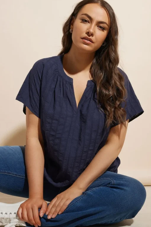 Yours Curve Navy Blue Short Sleeve Cotton Blouse