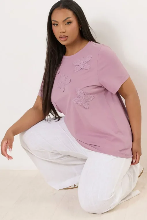 Yours Curve Pink Applique Butterfly T-Shirt