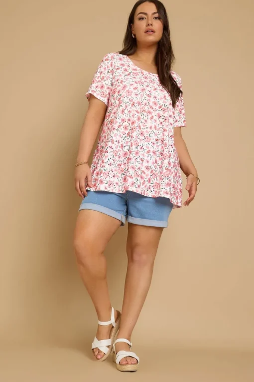 Yours Curve Pink Floral Print Broderie Anglaise T Shirt