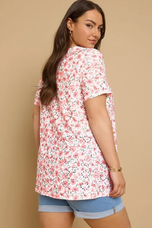 Yours Curve Pink Floral Print Broderie Anglaise T Shirt