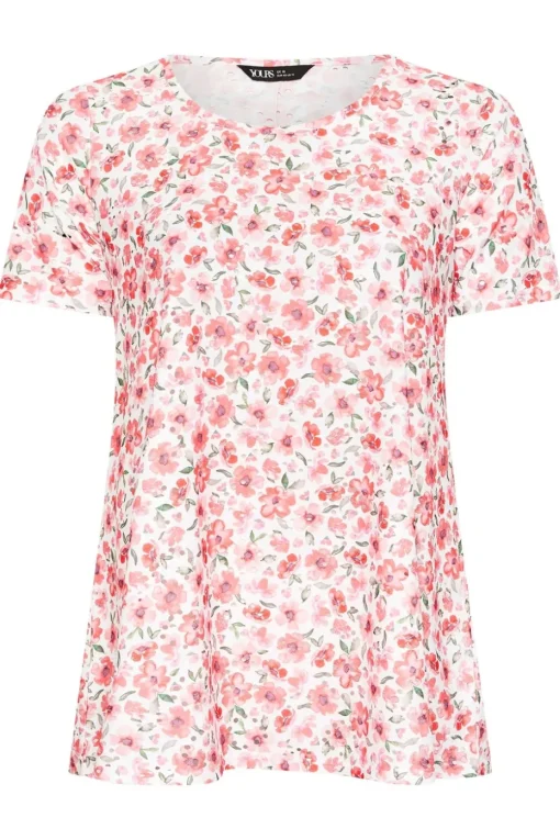 Yours Curve Pink Floral Print Broderie Anglaise T Shirt