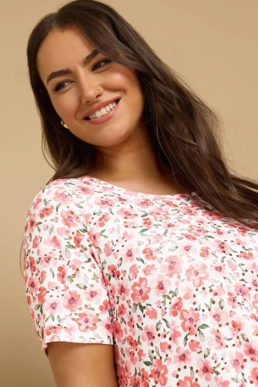 Yours Curve Pink Floral Print Broderie Anglaise T Shirt