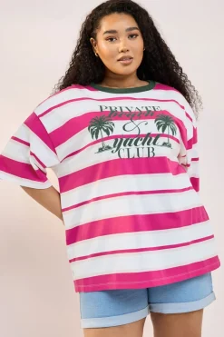 Yours Curve Pink 'Beach Club' Slogan Stripe T-Shirt