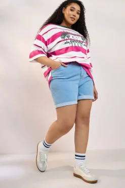 Yours Curve Pink 'Beach Club' Slogan Stripe T-Shirt