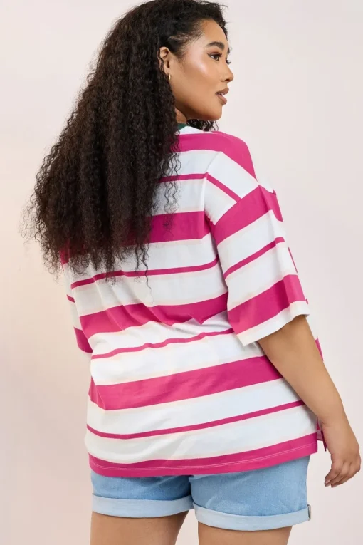 Yours Curve Pink 'Beach Club' Slogan Stripe T-Shirt