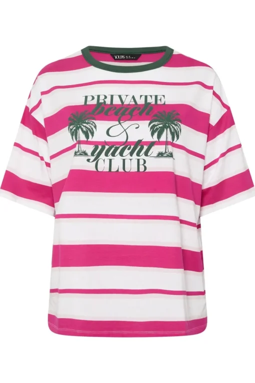 Yours Curve Pink 'Beach Club' Slogan Stripe T-Shirt