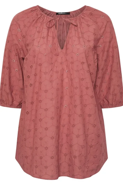 Yours Curve Rust Orange Floral Broderie Anglaise Tie Front Top