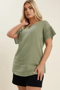 Yours Curve Sage Green Cheesecloth Crochet Top