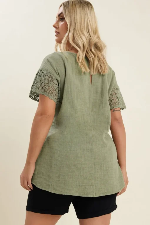 Yours Curve Sage Green Cheesecloth Crochet Top