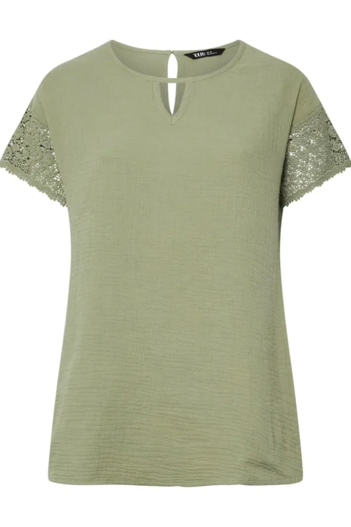 Yours Curve Sage Green Cheesecloth Crochet Top
